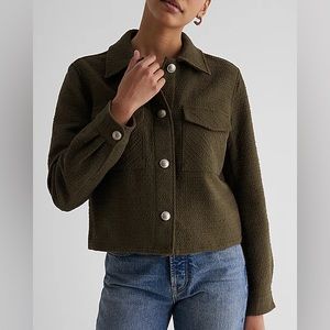 NWT! $99 Express Tweed Novelty Button Cropped Shacket In Olive Green, Small